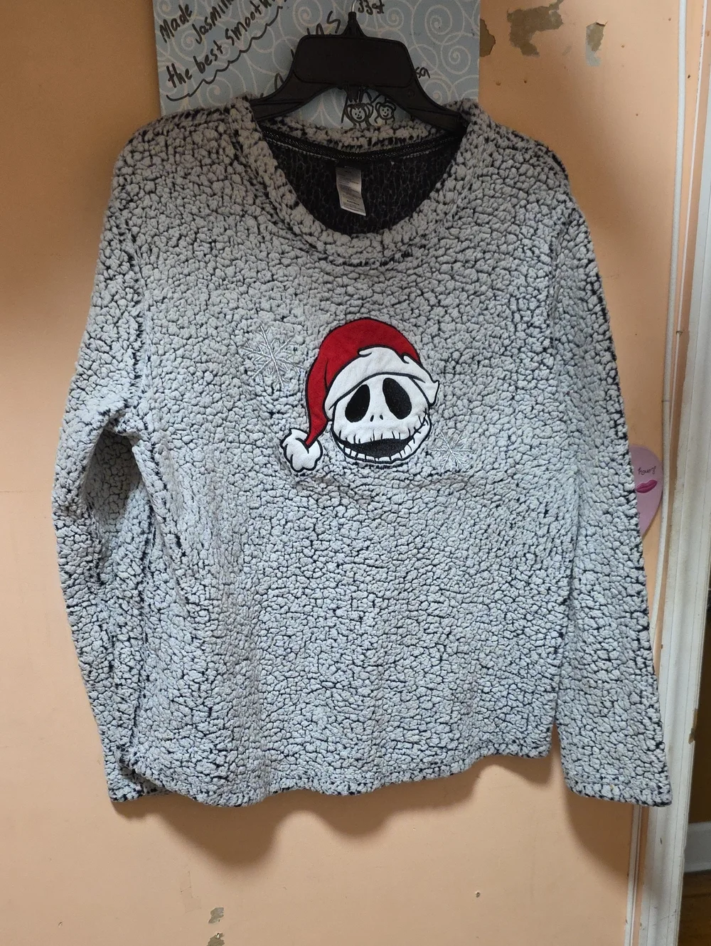 Disney Kids Light Gray Sherpa Pajama Top with Red Santa Hat Jack Skellington